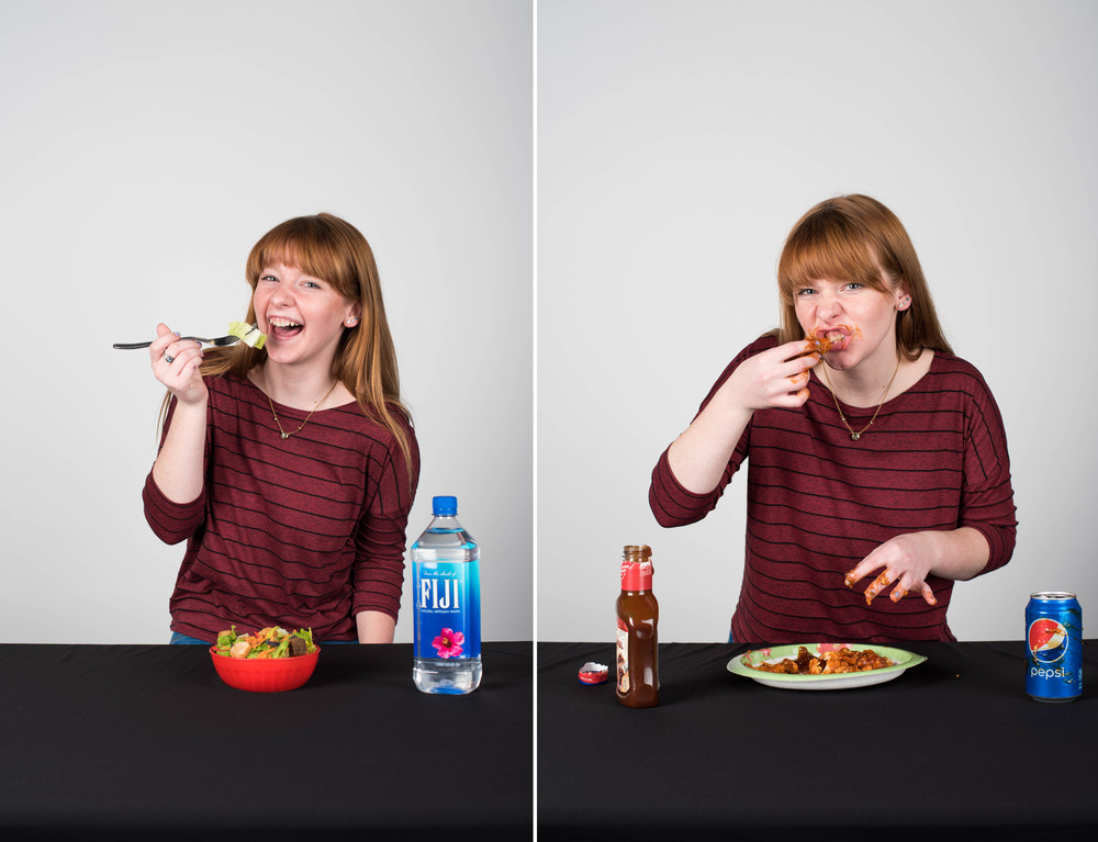  Little behind the scenes, I actually hate the chicken strips that I was eating because they're super spicy so I was DYING when I was eating them and my whole face was super red and stinging when I was done. Another fun fact, someone left the water bottle in the studio so I just stole it for my shot. Also, I bought the salad a few hours before the shoot and it was super warm and limp and I ate a piece that was on my fork and it was disgusting. 